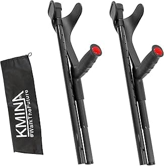 KMINA PRO - Foldable Crutches for Walking Adjustable (x2 Units, Open Cuff), Carbon Fiber Elbow Stick, Lightweight - Made in Europe