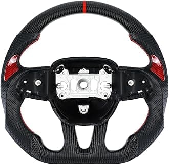 LOSCHEN 3K Real Carbon Fiber Steering Wheel Nappa Perforated Leather, D-shaped Flat-bottom Steering Wheel for Dodge/Jeep Grand Cherokee/SXT/GT/RT/SRT/HELLCAT（with Red Patches）