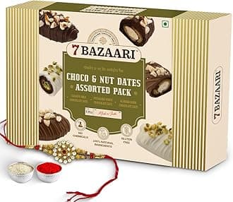 7 BAZAARI Premium Choco & Nut Stuffed Dates with Rakhi Gift | No Added Sugar, Gluten Free, Natural Ingredients | Almond Dark & Cashew Milk Chocolate | 6pcs Pack