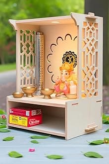 Wooden Pooja Stand for Home Pooja Mandir for Home Temple for Home and Office Puja Mandir for Wall Mounted with LED Spot Light (15.5 x 11.5 x 11 in) White