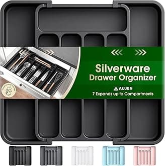 Silverware Organizer - Expandable Kitchen Drawer Organizer, Adjustable Utensil Organizer, Cutlery Tray for Forks, Knives, Multipurpose Kitchen Organizers and Storage Solution, Black, Medium
