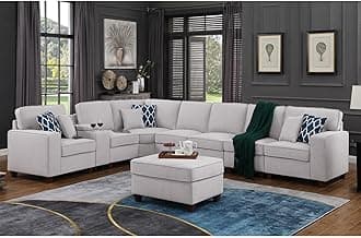 Southwestern Sensibilities Upholstered Modern Linen Blend Fabric Sectional Sofa Set - Living Room Sectional Sofa with Ottoman, Living Room Sectional Couch Light Gray/8-Piece/Without Chaise