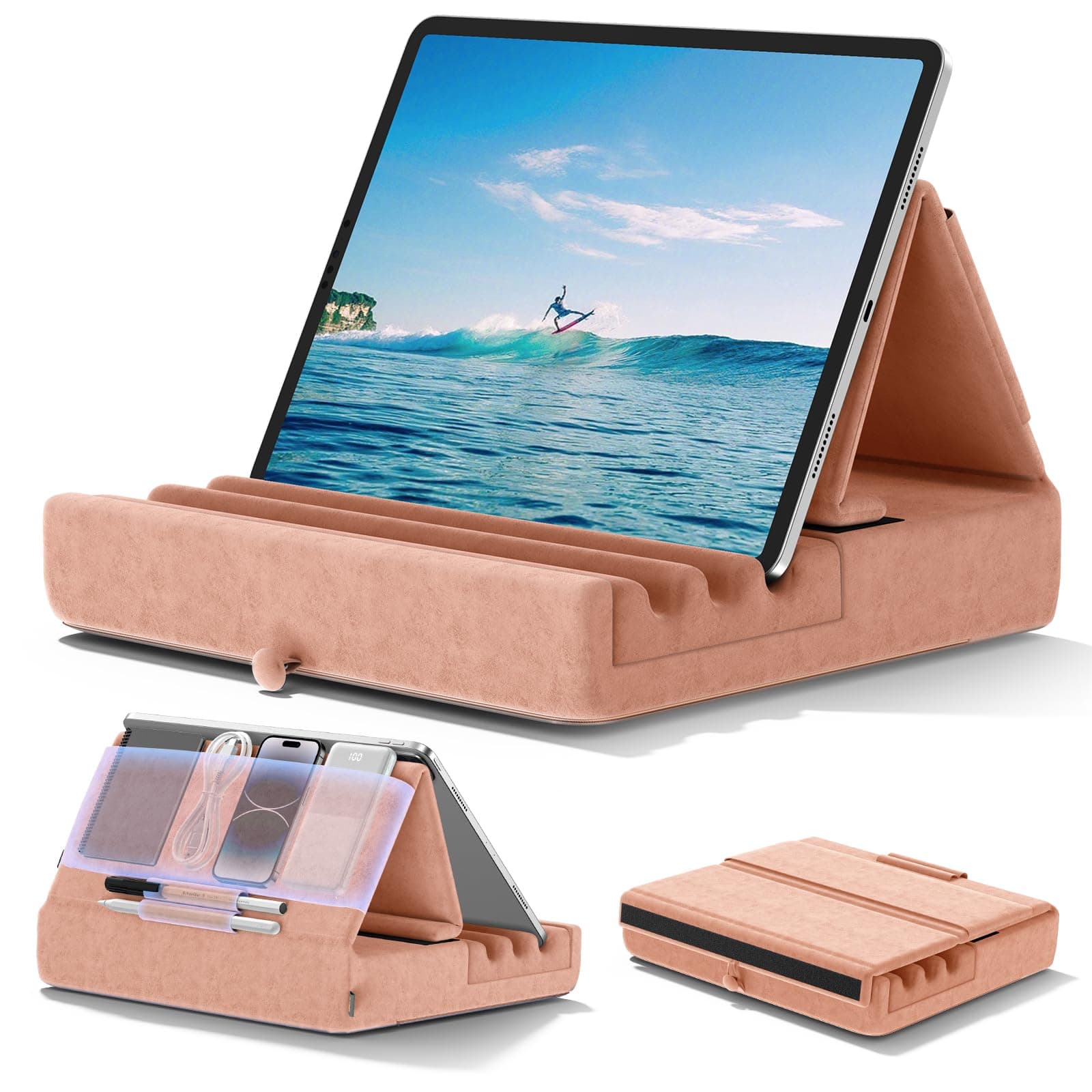 KDD Tablet Pillow Holder, Foldable iPad Stand for Lap, Bed and Desk -Tablet Soft Pad Dock with Pocket & Stylus Mount Compatible with iPad Pro 12.9, 10.5, 9.7 Air Mini 6 5 4 3, E-Reader