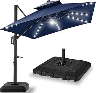 Best Choice Products 12x12ft LED Cantilever Patio Umbrella w/Base Included & 360° Rotation, Large Solar Offset Hanging Outdoor Sun Shade for Deck, Backyard Table w/Stand & Lights – Navy Blue