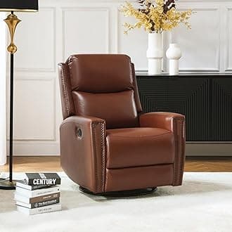 Genuine Leather Swivel Rocker Recliner, Manual Glider Recliner Chair with Adjustable Backrest & Footrest, Modern Home Theater Sofa Armchair for Living Room Bedroom, Brown