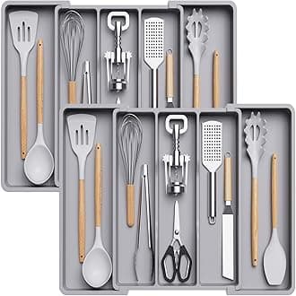 Lifewit Utensil Drawer Organiser, Expandable Large Cutlery Tray for Kitchen, Adjustable Silverware Flatware Holder, Plastic Kitchen Spatula Tools and Gadgets Storage Divider, Large, GreyRecycled Claim Standard 100