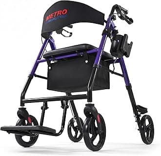 2 in 1 Rollator Walker & Transport Wheelchair, Foldable Lightweight Rollator Walker with Seat for Seniors, 8" Big Wheels for All Terrain, 300 lb. Weight Capacity, Purple