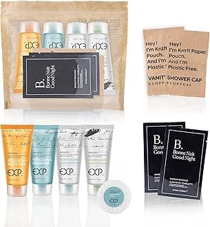 Guestsupply Kits 8-Piece with Travel Size TSA Compliant Essentials, Featuring: Shampoo Conditioner Shower Gel Body Lotion Soap bar Shower Cap Makeup Removers in Sealable Bag. 30 Disposable Toiletries.
