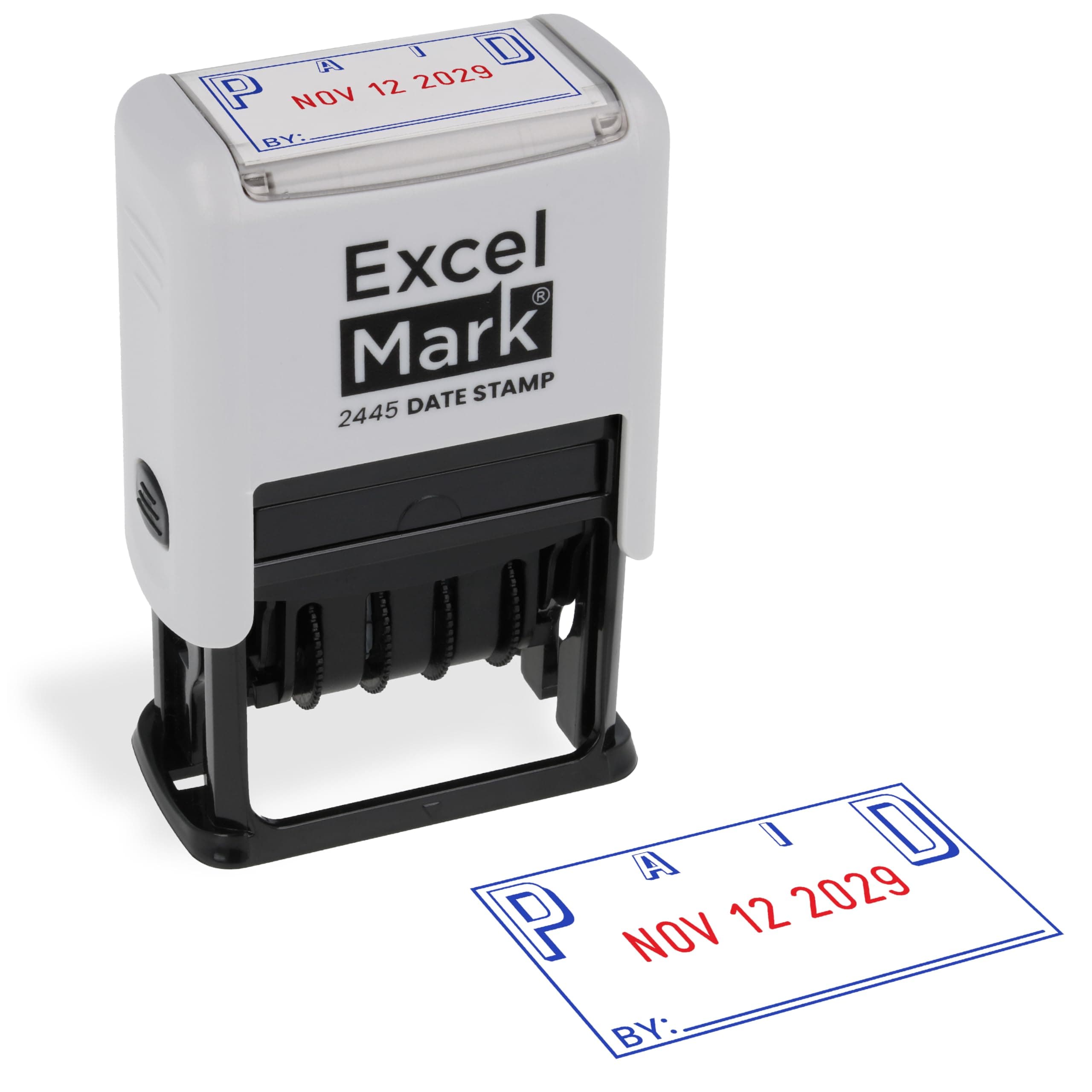 ExcelMark 2445 Date Stamp with Text - Blue and Red Ink (Gray Mount, Paid)