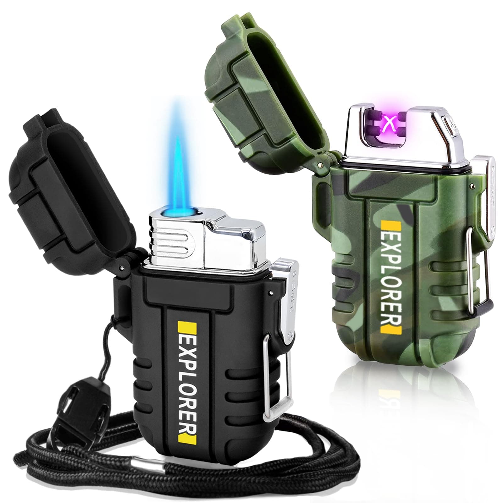 2 Pack Waterproof Lighter Outdoor Windproof Torch Lighter Dual Arc Lighter Butane Electric Lighter USB Rechargeable Lighter Flameless Plasma Lighter
