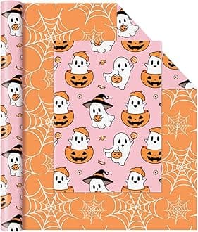 WERNNSAI Halloween Wrapping Paper Roll - 1 Roll 17” x 33 Ft Pink Ghost Wrapping Paper Baby Halloween Decor Gold Pumpkin Spooky Gift Packing Supply Happy Boo Day Party Favors