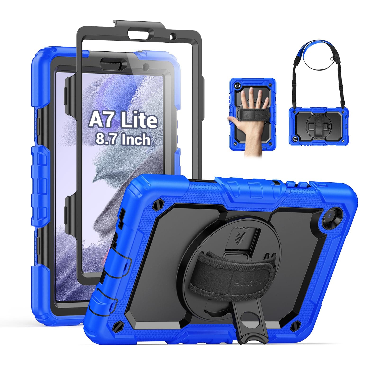 SEYMAC Case for Samsung Galaxy Tab A7 Lite 8.7" (SM-T220/ T225/ T227), Heavy Duty Full-Body Shockproof Protective Case with Screen Protector, Rotating Stand, Hand/Shoulder Strap, Blue