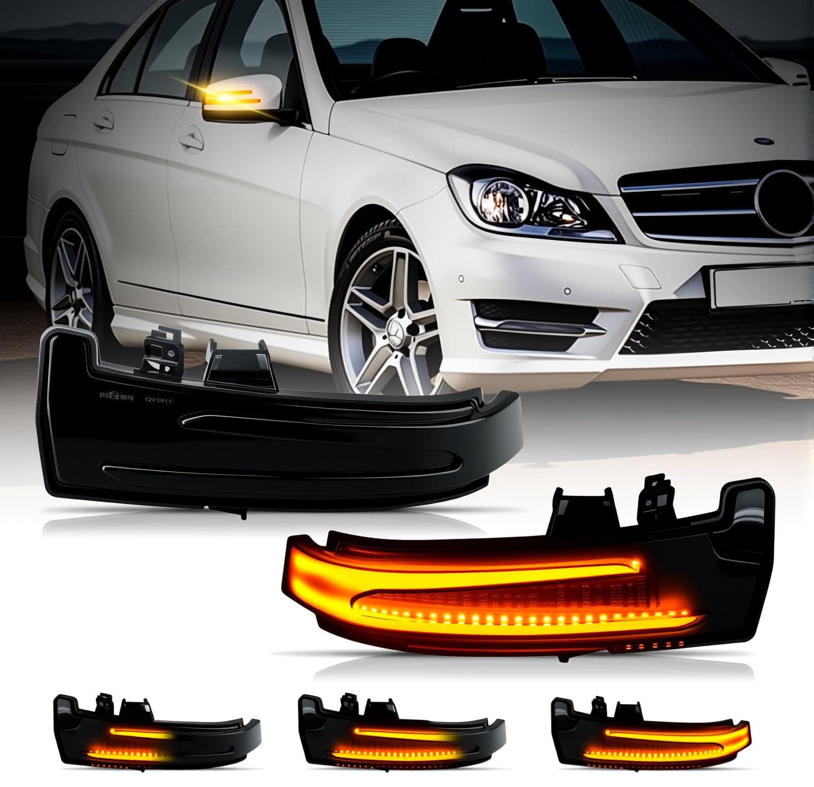 D-Lumina Dynamic LED Side Mirror Sequential Turn Signal Lights Smoked Lens for Merce-des Benz A/B/C/E/S/CLA/GLA/GLK/CLS Class W204 W176 W212 W246 W221 C250 C300 C350, Side Marker Blinkers Mirror Light