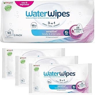 WaterWipes Sensitive+ Body & Intimate Cleansing Wipes, 99.9% Purified Water, XL Textured Wipes, Incontinence Care, Fragrance Free, 90 Count