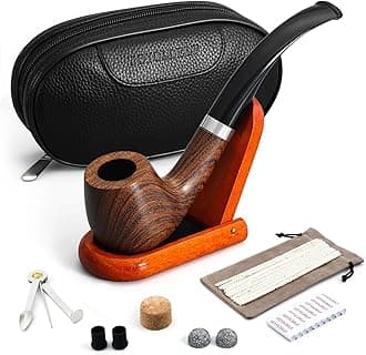 Joyoldelf Tobacco Smoking Pipe with Leather Smoking Pipe Pouch, Pear Wood Handmade Tobacco Pipe with Pipe Stand, Scraper, Filter, Metal Ball and Other Pipe Accessories