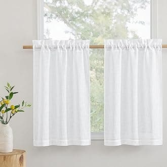 RYB HOME Cafe Curtains 24 inches Length, Linen Sheer Short Curtains for Small Window, Half Privacy Light Filetring Tier Valance for Kitchen Bathroom Window Over Sink, W 26 x L 24, White, 2 Panels Set