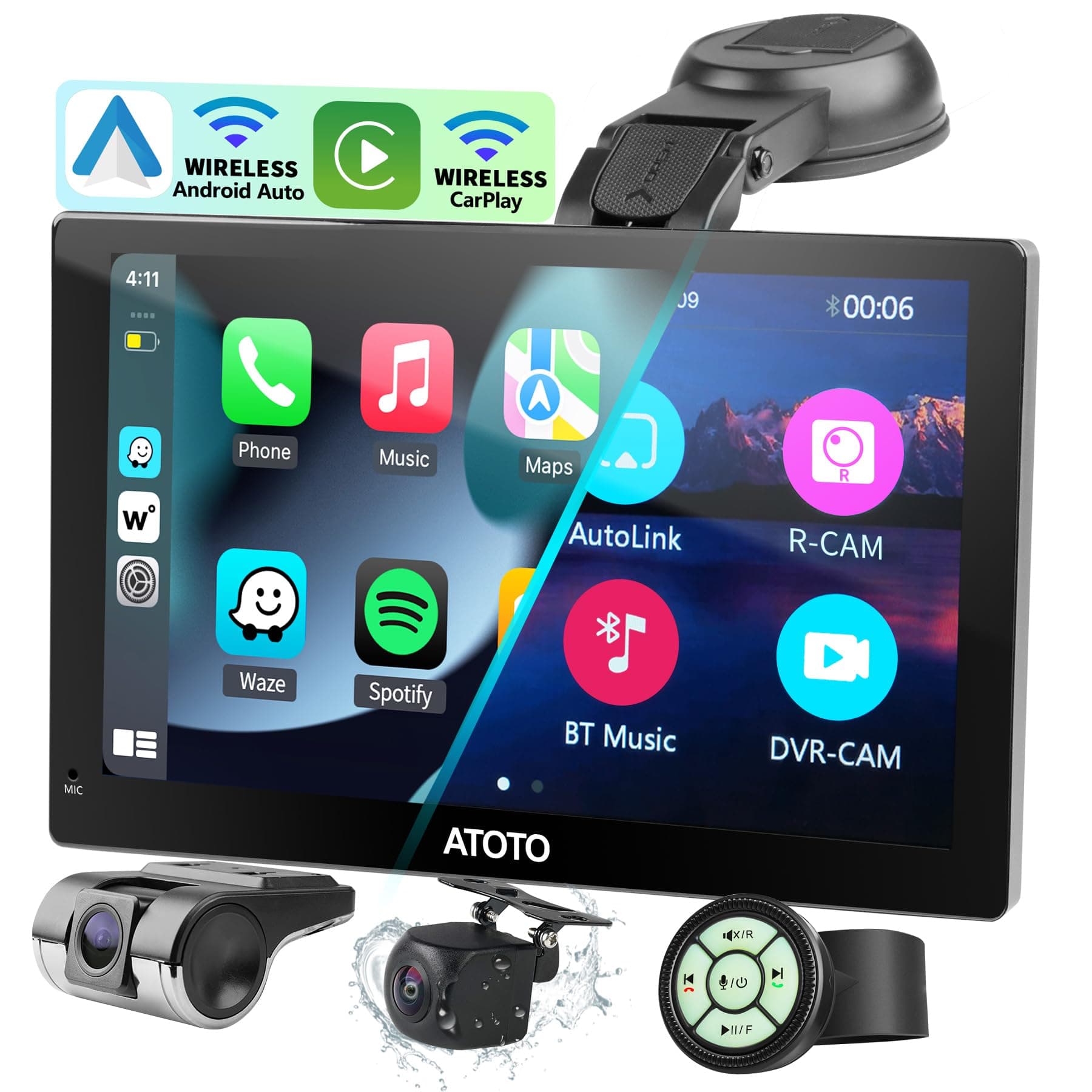 Wireless Portable CarPlay Screen for Car, 9'' Wireless CarPlay & Android Auto Touch Screen, with Dash Cam, 1080p Backup Camera, Mirror Link, AUX/FM, SWC, P509-SD-S31