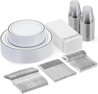 Goodluck 175 Pieces Silver Dinnerware Set for 25 Guests, Plastic Plates Disposable for Party, Include: 25 Silver Dinner Plates, 25 Dessert Plates, 25 Paper Napkins, 25 Cups, 25 Silverware Set