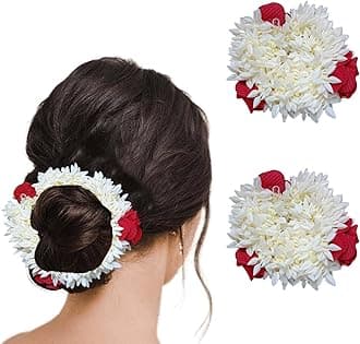 Temperia (2 Pcs) Scented Mogra Gajra Hair Accessories For Women & Girls - Hair Flower Bun Artificial Fake Gajra Scrunchies Rubber Band - Premium & Voluminous, Red Petals
