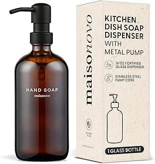 MaisoNovo Glass Hand Soap Dispenser Bathroom - 500 ml Amber Bottle with Black Pump x 1, Waterproof Labels