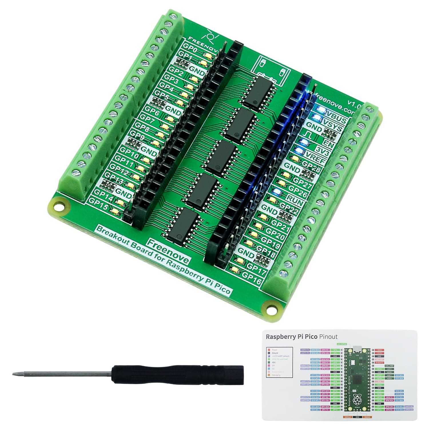 Breakout Board for Raspberry Pi Pico 1 2 W H WH, Terminal Block Shield HAT with Pin Header, GPIO Status LED