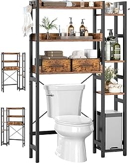 - Over The Toilet Storage with 2 Drawers - 7 Tier Bathroom Organizer with Adjustable Shelf, Freestanding Space Saver Storage Rack Above Toilet Stand with 4 Hooks for Restroom, Laundry, Rustic Brown
