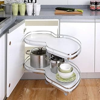 Futchoy 2 Tier Kitchen Cabinet Cupboard Corner Pull Out Shelf Carousel Storage Rack White Corner Flying Saucer Basket for 900mm or 1000mm Cabinet (Right Open)