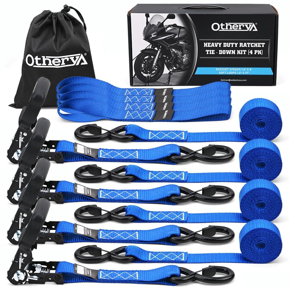 Otherya TIE Down Strap Ratchet Tie Down Straps - 1.6" x 8 ft 5208 Lb Break Strength - Cargo Straps for Securing Motorcycle, Kayak, Truck, Trailer and Boat Lawn Equipment- Includes 4 Soft Loops（Blue）