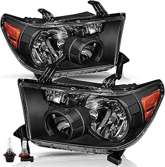 TUSDARHeadlight Assembly Replacement for 2007 2008 2009 2010 2011 2012 2013 Tundra / 2008-2017 Sequoia Driver and Passenger Side Black with Amber Reflector with Bulbs,
