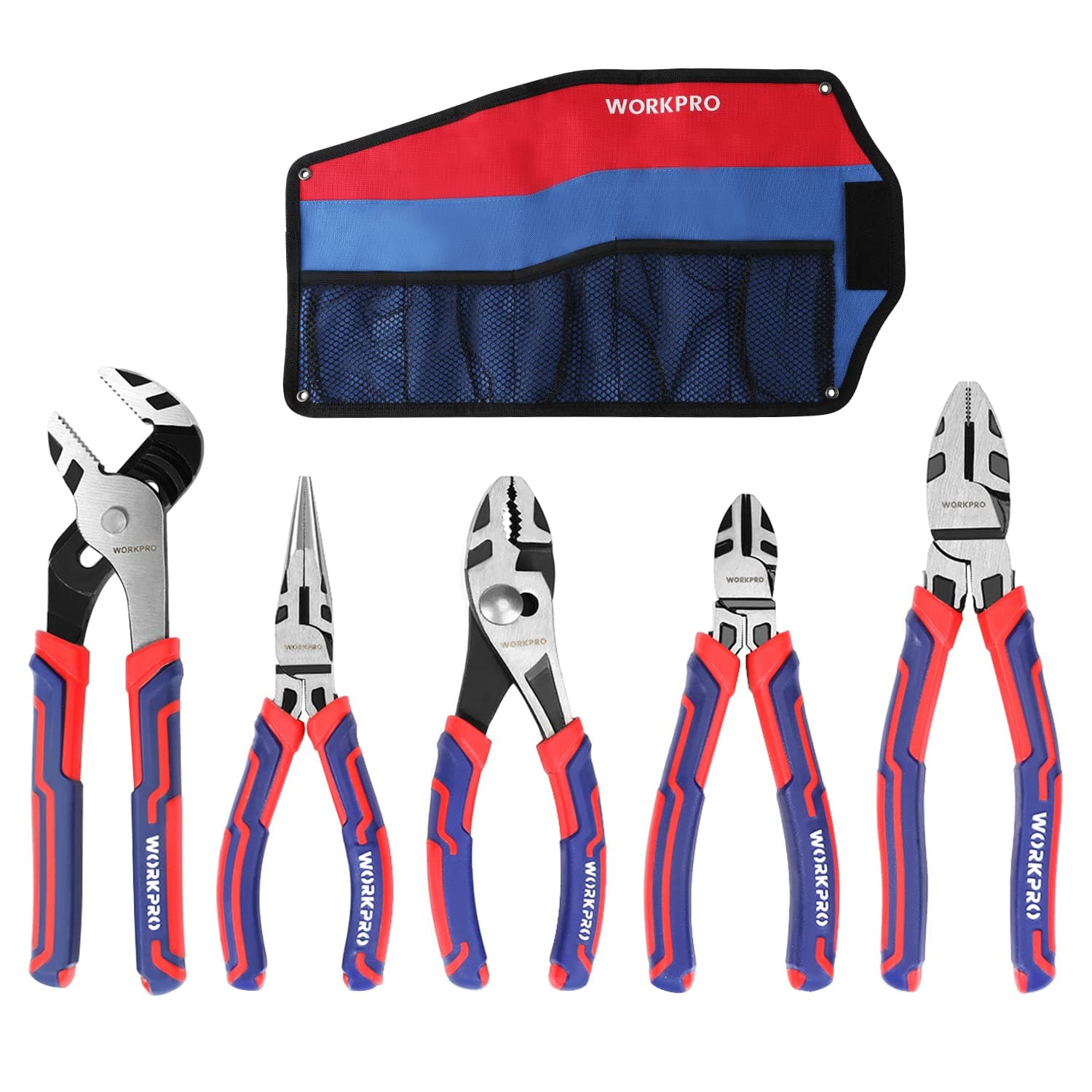 WORKPRO Pliers Set, Premium Cr-V Construction, Includes 6 Inch Slip Joint, Long Nose, Diagonal Cutting, 8 Inch Groove Joint, 7 Inch Linesman and Storage Pouch, for Basic Repair
