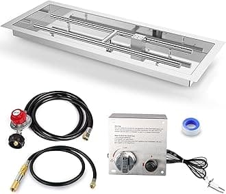 GRISUN Drop-in Fire Pit Kit 30 x 10 Inch, H-Shape Burner with Pan, Come with Upgraded Spark Ignition Kit for Gas Fire Pit, Fire Pit Table Insert Stainless Steel, Suitable for Indoor Outdoor Decoration