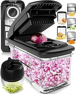 Fullstar Vegetable Chopper & Mandoline Slicer - Julienne Cutter Dicer Grater for Food Veg Onion Cucumber Tomato Salad Potato Cheese - Kitchen Gadgets & Accessories (PRO XL 6-in-1, SS Black)