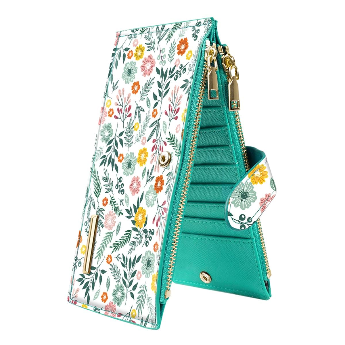 Womens RFID Blocking Large Capacity Wallet Multi Card Organizer Bifold Wallet for Women with Zipper Pocket,Green Daisy