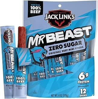 Jack Link’s x MrBeast Zero Sugar Mini Beef Sticks – 6g Protein per 2 Individually-Wrapped Meat Sticks, Made with 100% Real Beef, Perfect for School Lunches, Kids Snacks, 12 Count of .5oz Sticks