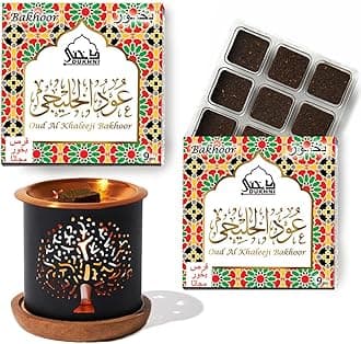 Oud Al Khaleeji Bakhoor and Burner by Dukhni | Islamic, Eid & Ramadan Gifts for men & women | 20pc Arabian Oudh Bukhoor Incense Bricks Set with Candle Incense Burner | Home fragrance, hair bakhoor