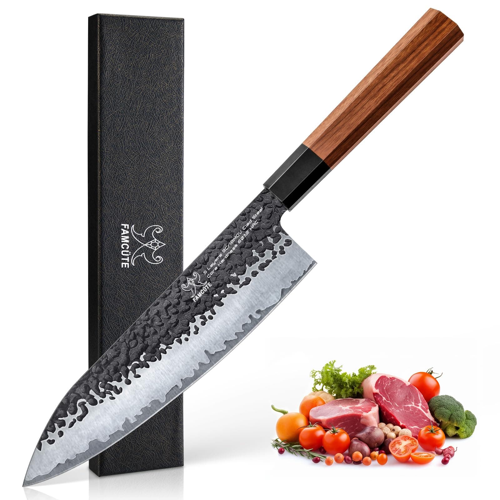 8 Inch Japanese Knife, Hand Forged 5 Layers High Carbon 9CR18MOV Steel Rosewood Handle Chef Knife, Ultra Sharp Durable Professional Kitchen Knife, A Thoughtful Birthday Gifts for Mom/Dad