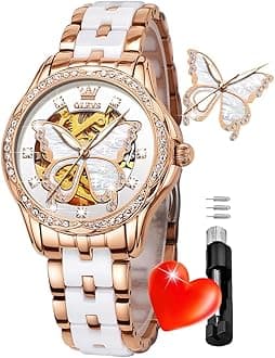 - Automatic Watch for Women Luxury Diamond Rose Gold Ladies Self Winding Mechanical Ceramic Wrist Watch Love Heart Date