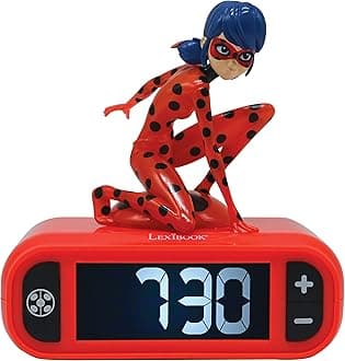 Lexibook, Miraculous Ladybug Cat Noir, Ladybug Nightlight alarm clock, Sounds and Melodies, LCD Backlit screen, Luminous, Snooze, Red, RL800MI