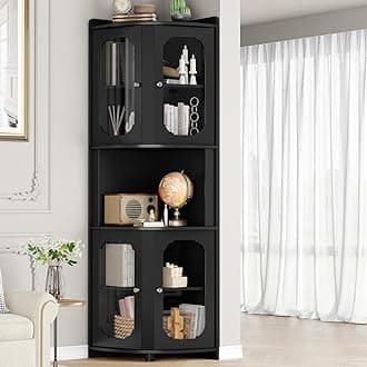 Keyluv Corner Cabinet 69" Tall Storage Cabinet with 5-Tier Shelves Bookcase Glassed Doors Display Corner Hutch, Modern Wooden Storage Organizer for Living Room, Bathroom, Home Office, Kitchen, Black