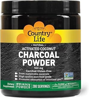 Country Life Activated Coconut Charcoal Powder 500mg – Natural Activated Charcoal for Digestive Health, Gas & Bloating Relief, DIY Uses - Non-GMO, Gluten-Free, Vegan, 5oz Powder