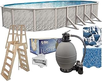 Lake Effect Pools 'Meadows Reprieve' 18 ft x 33 ft Oval Above Ground Swimming Pool Bundle | 52 Inch Steel Sided Walls | Kit Includes: 25 Gauge Liner, A-Frame Ladder, Sand Filter/Pump, & Skimmer