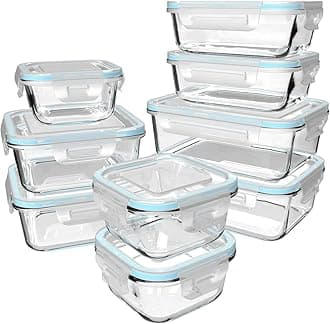 - 18 Piece Glass Food Storage Containers with Lids, Glass Meal Prep Containers, food storage Containers for Food Storage, BPA Free & Leak Proof (9 lids & 9 Containers)