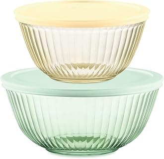 Colors (2-Pack) Sculpted Tinted Small/Medium Glass Mixing Bowls with Lids, Nesting Space Saving Set of Bowls for Prepping and Baking, 1.3QT & 2.3QT