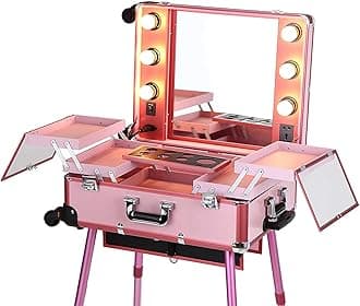 VIYA Professional Makeup Train Stand Case with Pro Studio Artist Trolley and Lights (Pink)