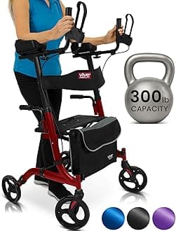 Vive Mobility Upright Walker with Seat - Stand Up Rollator, Arm Rests, Heavy Duty, Folding Medical Aid Scooter for Elderly, Seniors - Walking Assist, Foldable Transport Chair - 300 lb Capacity