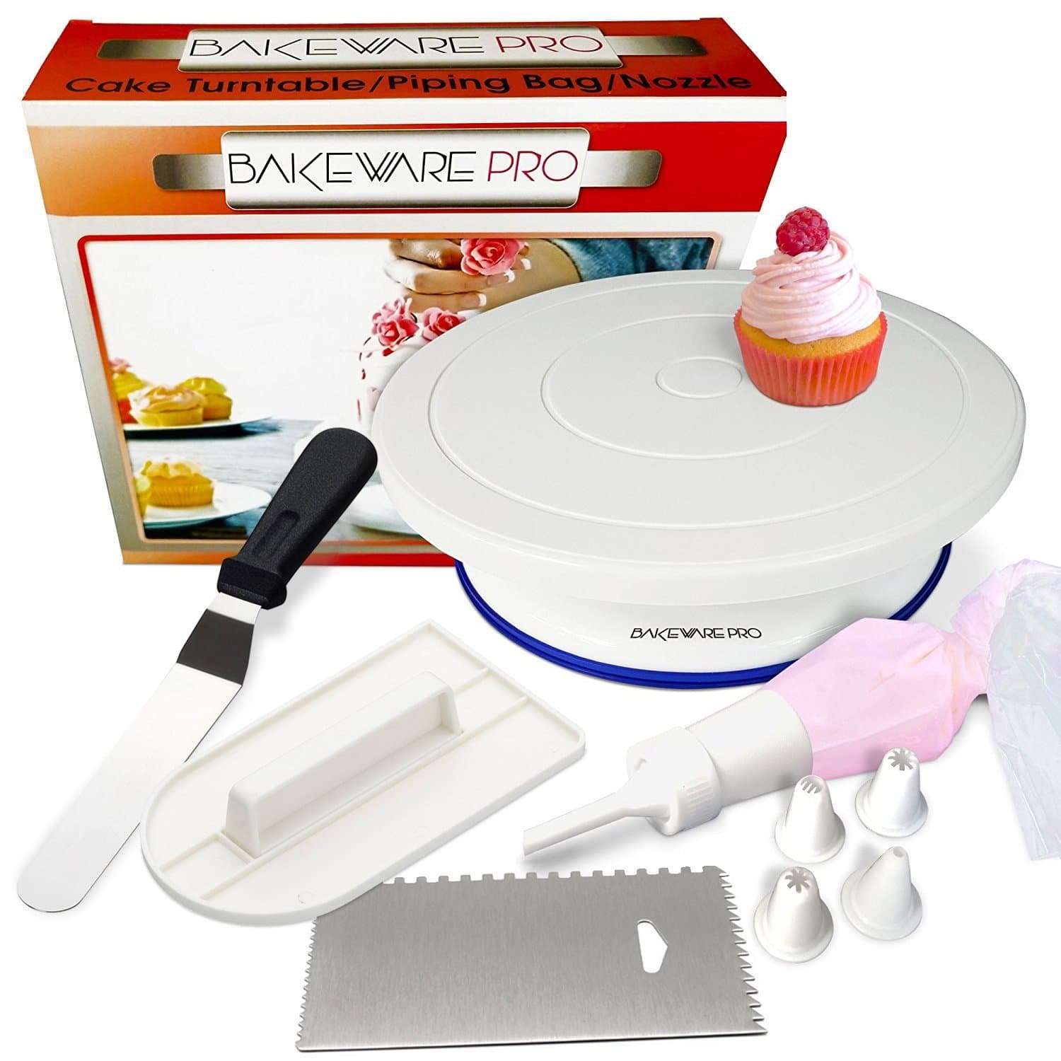 Bakeware Pro Cake Turntable Rotating Stand with Icing Piping Pastry Bag and Five Nozzle Tips| Decorating Comb Smoother| Angled Icing Spatula| Perfect Revolving Decorating Set