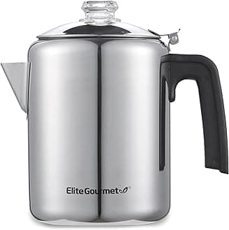 Elite Gourmet EC008X Classic 8-Cup Stovetop Coffee Percolator Glass Clear Brew Progress Knob, Cool-Touch Handle, Stainless Steel
