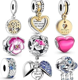 9 Pack Silver Spacer Beads Charms fit Pandora Bracelet, Heart Beads DIY Jewelry Gifts Women