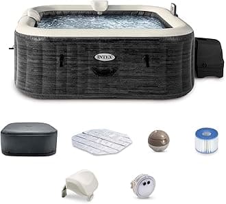 INTEX PureSpa Greystone Deluxe 4 Person Square Inflatable Hot Tub, Bubble Massage Spa Set with Energy Efficient Cover, 2 Headrests, & LED Light, 69 in x 28 in
