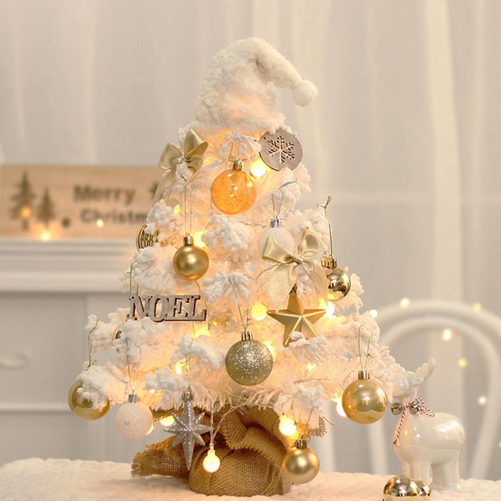 YSOAE 50CM Mini Christmas Tree, Small White Pre-Lit Artificial Table Top Christmas Tree with Branch Tips and Trees Ornaments, Desktop Trees Burlap Base